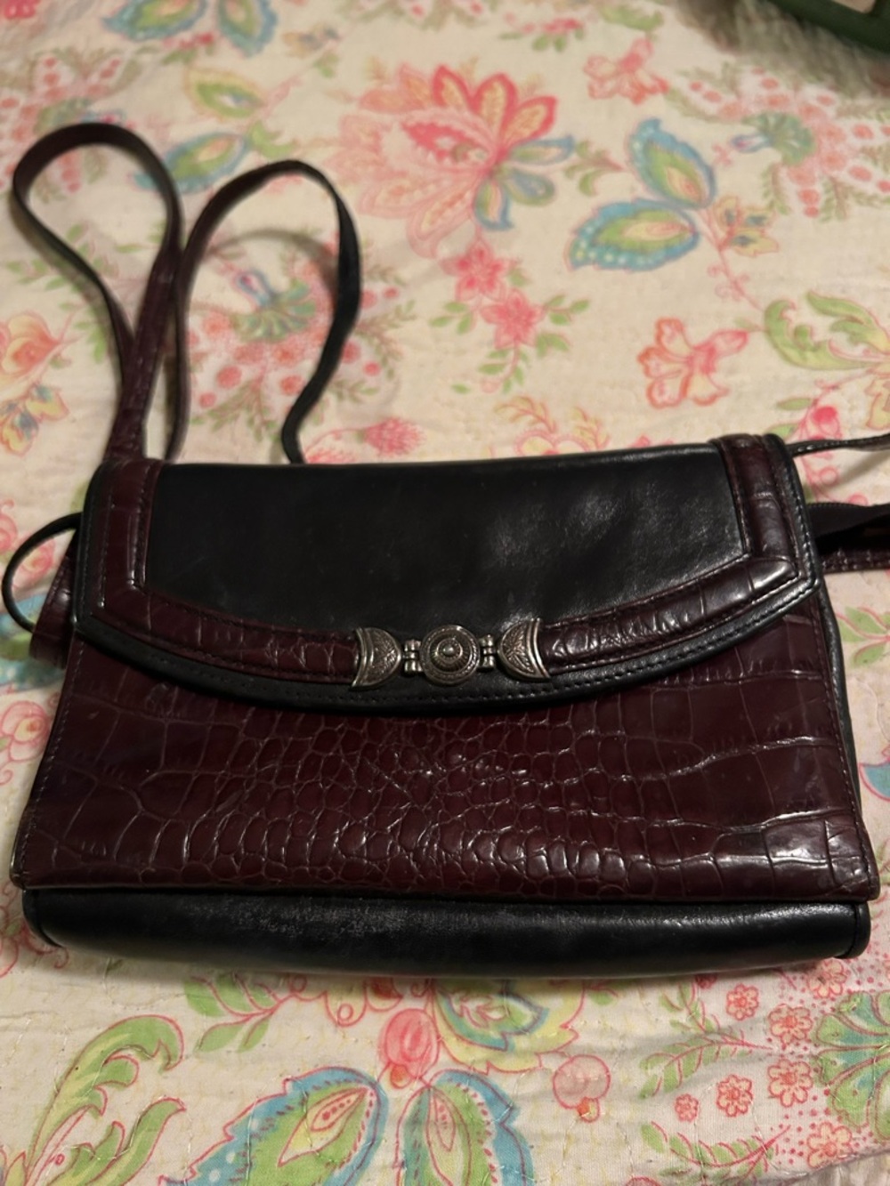 Brighton Croc-Embossed Leather Crossbody in Burgundy and Black